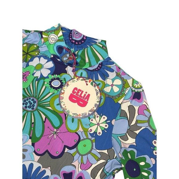 Celia B Sz XL Top Blue Rinnes Floral Retro Long Sleeve Mock Collar CeliaB New - Picture 5 of 6